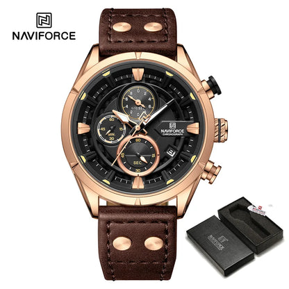 NAVIFORCE Men's Casual Watch – Luxury Waterproof Chronograph Quartz Wristwatch with Genuine Leather Strap