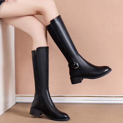 Women’s Black PU Leather Knee-High Boots – Metal Buckle, Fashion Outdoor Long Shoes, Size 34-41