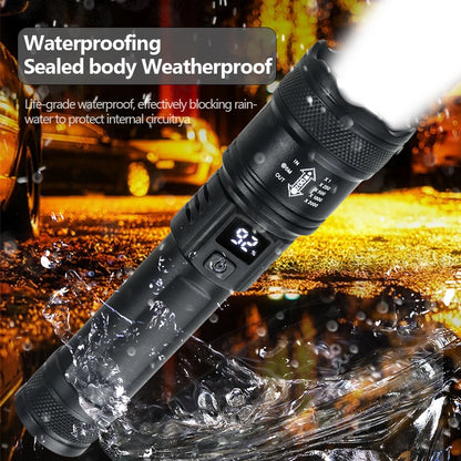 9900LM Powerful LED Flashlight – USB Rechargeable with Battery Display, Telescopic Zoom Torch for Outdoor Camping and Fishing