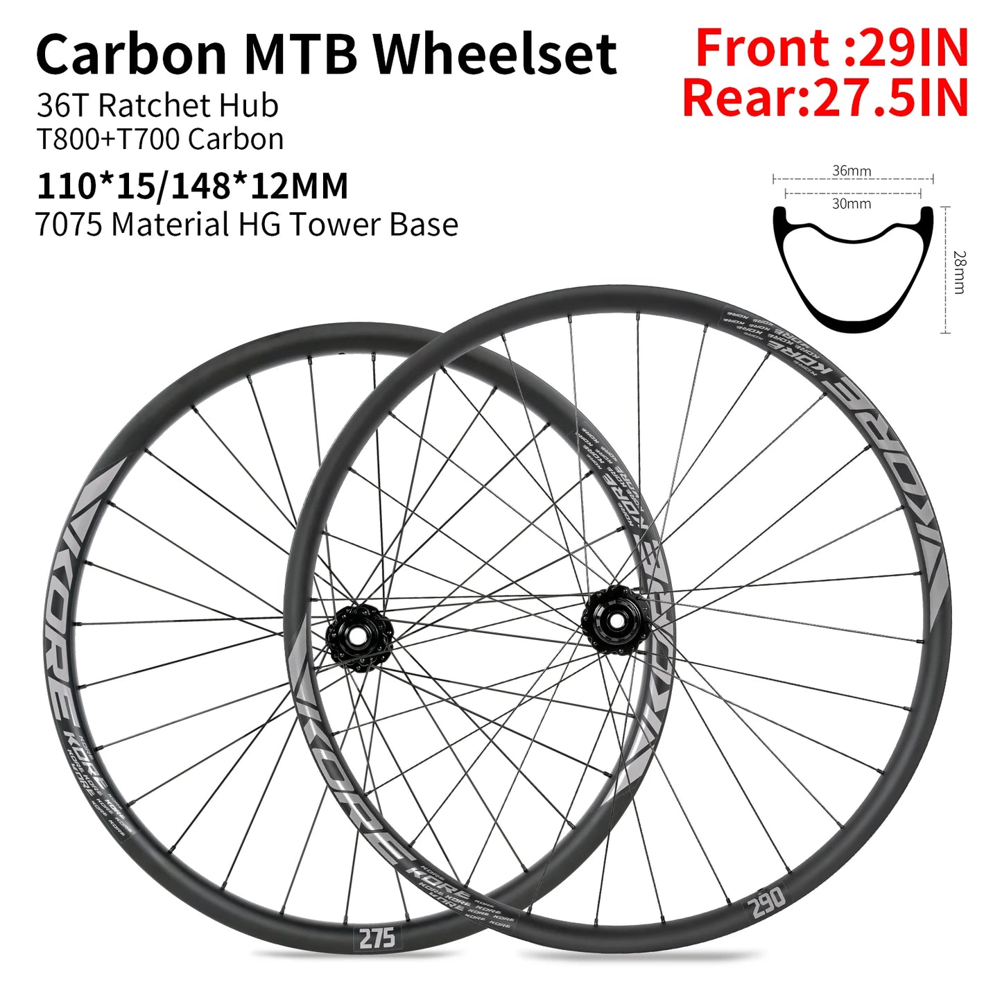 KORE MTB Carbon Wheelset – 27.5/29in Enduro & Downhill with 36T Ratchet HG Hub, BOOST, 28H, 30–36mm Width
