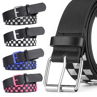 Personalized Checkerboard PU Leather Belt – 107CM Unisex Rivet Punk Hip-Hop Fashion Accessory