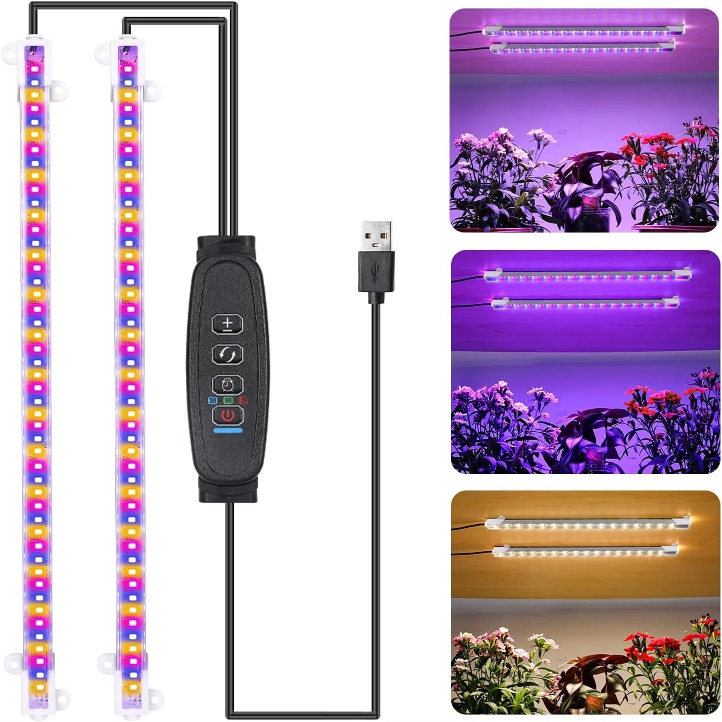 3-Color Indoor LED Grow Light — USB DC5V Full-Spectrum Phyto Lamp with Timer, Dimmable for Hydroponics & Plants