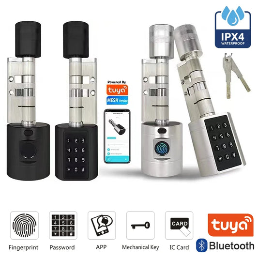 Tuya App Fingerprint Cylinder Smart Door Lock – Electronic Keypad, Key Card & Remote Control for Home & Apartment