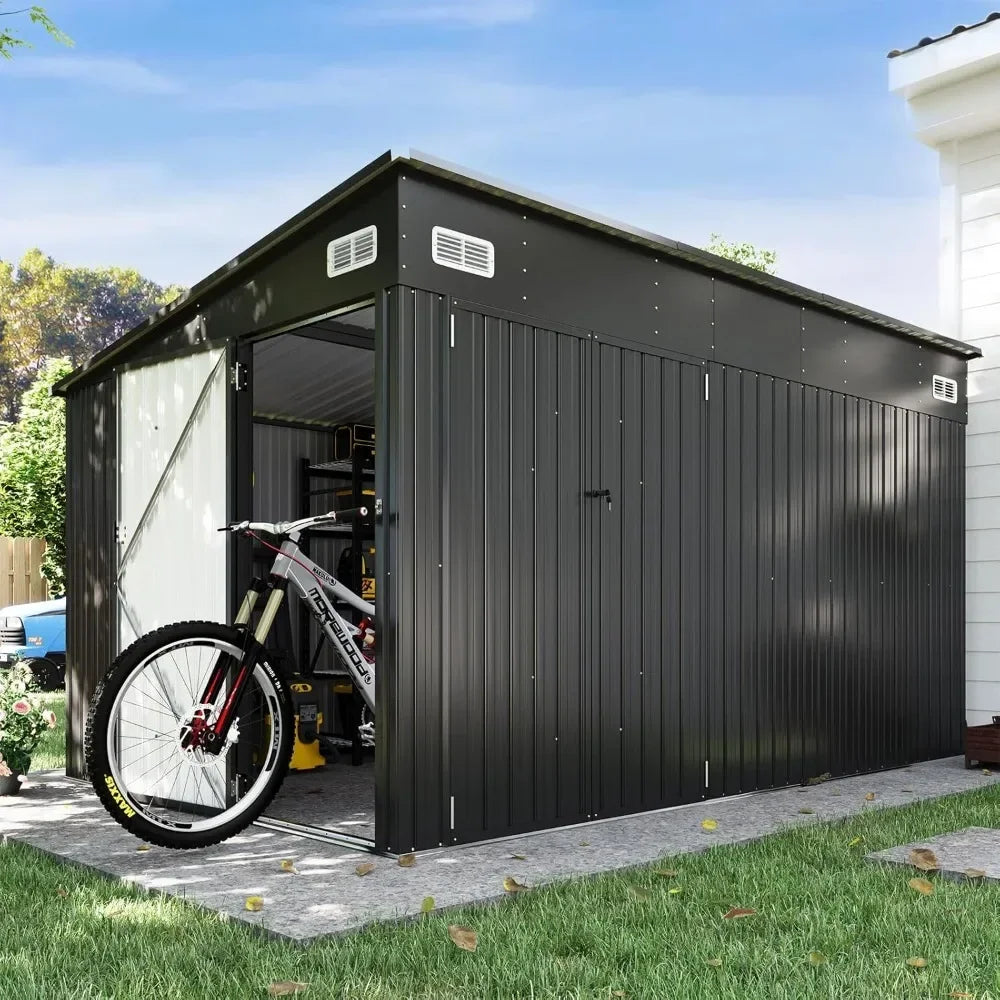 11.5'x7.5' Outdoor Metal Storage Shed – Triple Lockable Door with Sloping Roof for Tools & Bicycles