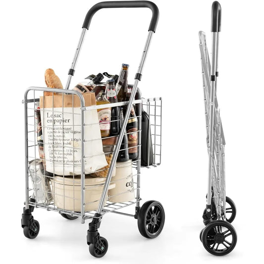 Folding Shopping Trolley with Double Basket, 360° Rotating Wheels & Adjustable Handles - Perfect for Luggage & Travel