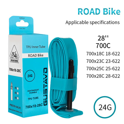 GUSTAVO Ultralight TPU Road Bike Inner Tube – 700x18-28C with 45/65/85mm Valve, 24g