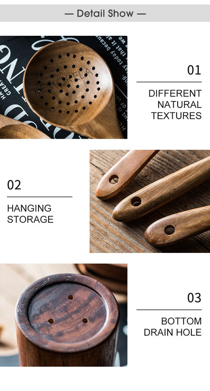 9PCS Teak Wooden Cooking Spoons Set – Kitchen Utensils with Holder