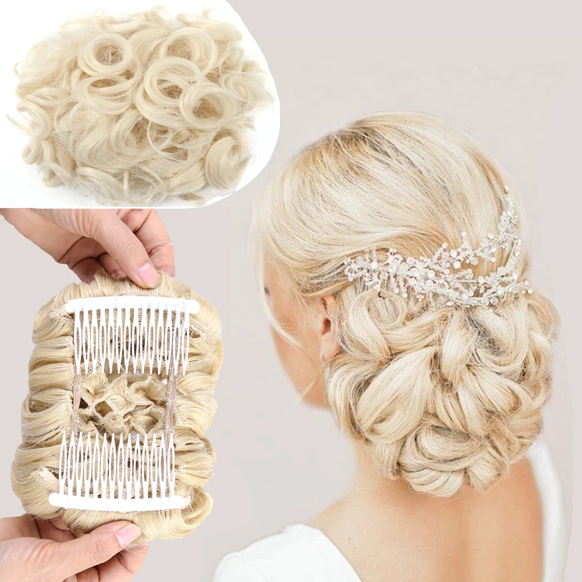 Short Messy Curly Hair Bun Extension – Easy Stretch Combs & Clip-in Ponytail Scrunchie Chignon for Hair Styling