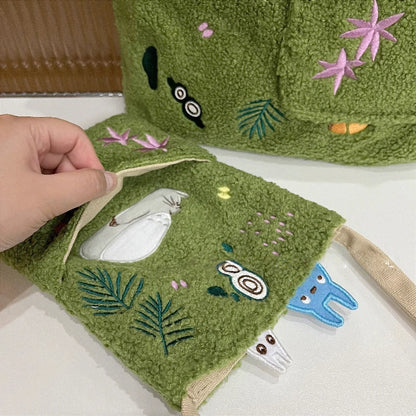 Cartoon Cat Embroidered Lamb Plush Handbag – Cute One-Shoulder Messenger Bag for Mobile Phone & Daily Use