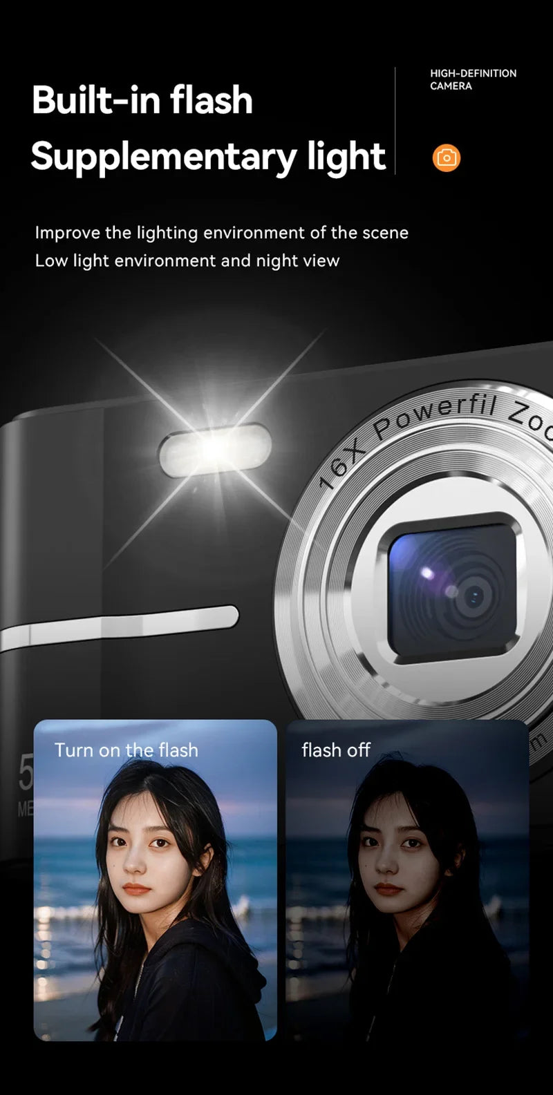 Xiaomi 4K Digital Camera – 50MP, 16X Zoom, Anti-Shake, Flash, Outdoor Student Video Recorder