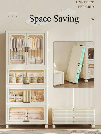 Plastic Wardrobe Closet — 27.6" Wide Stackable Multi-Layer Storage Bins with Lids & Wheels, Collapsible Drawer Organizer