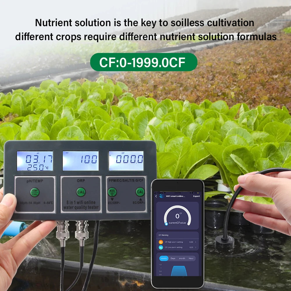 Tuya WiFi 8 in 1 Water Quality Tester – S.G, PH, EC, ORP, TDS, CF, Salt, Temp Analyzer for DIY Water Monitoring