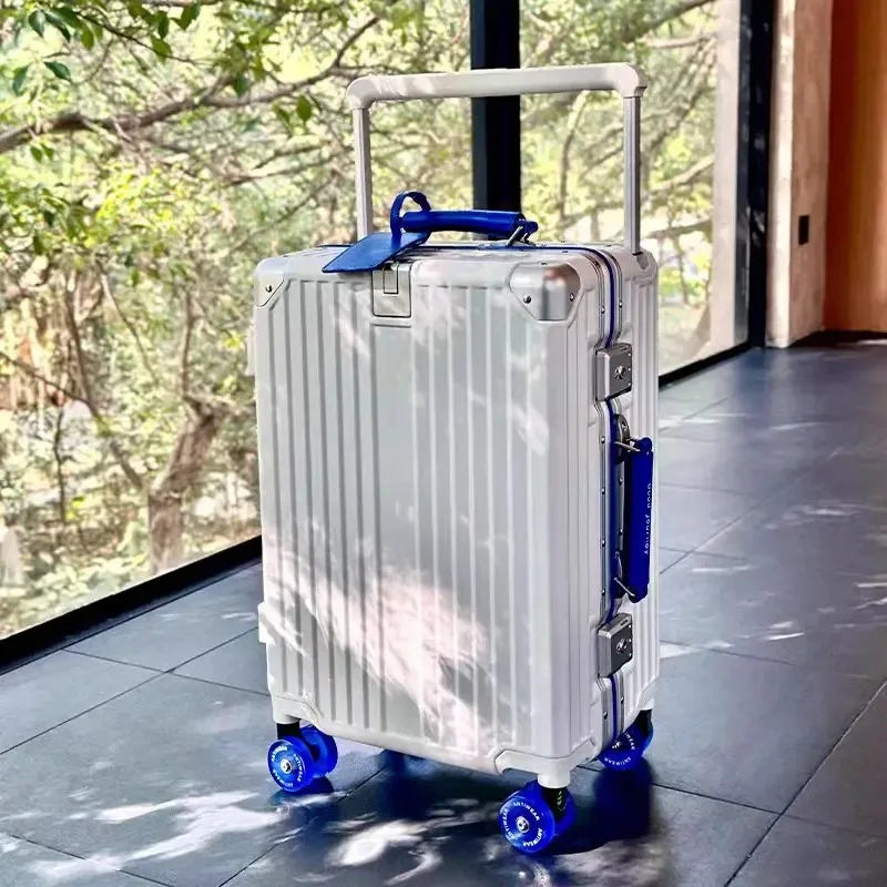 Aluminum Frame Rolling Luggage — Wide Handlebar Trolley Suitcase with Colorful Silent Spinner Wheels, TSA Lock & Large Capacity
