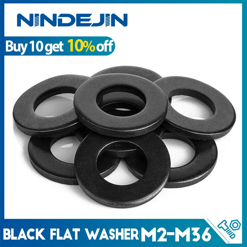 1-100pcs Black Flat Washers — M2 to M36 Carbon Steel Plain Gaskets