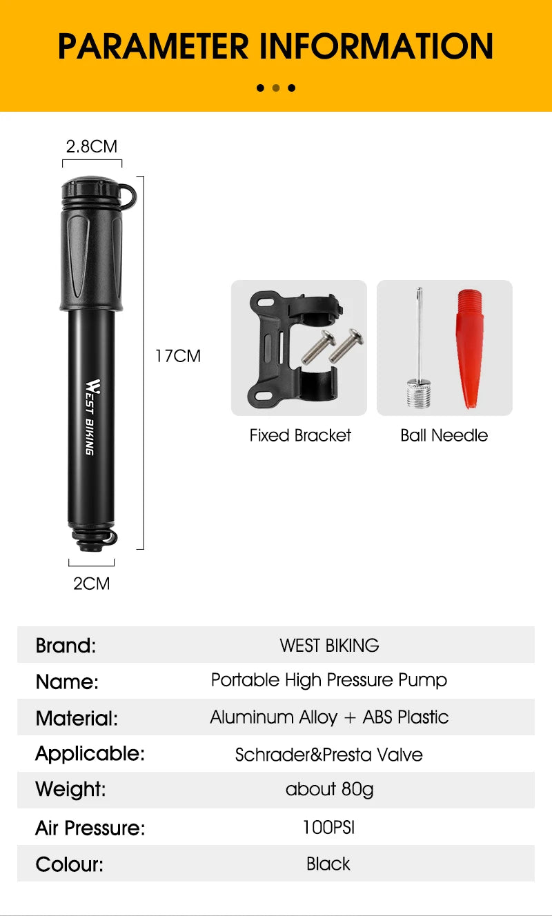 WEST BIKING Mini Bicycle Pump – Portable 100PSI Aluminum Alloy Hand Pump for Schrader & Presta Valves, MTB & Road Bikes
