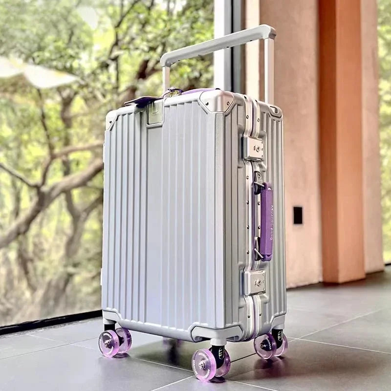 Aluminum Frame Rolling Luggage — Wide Handlebar Trolley Suitcase with Colorful Silent Spinner Wheels, TSA Lock & Large Capacity
