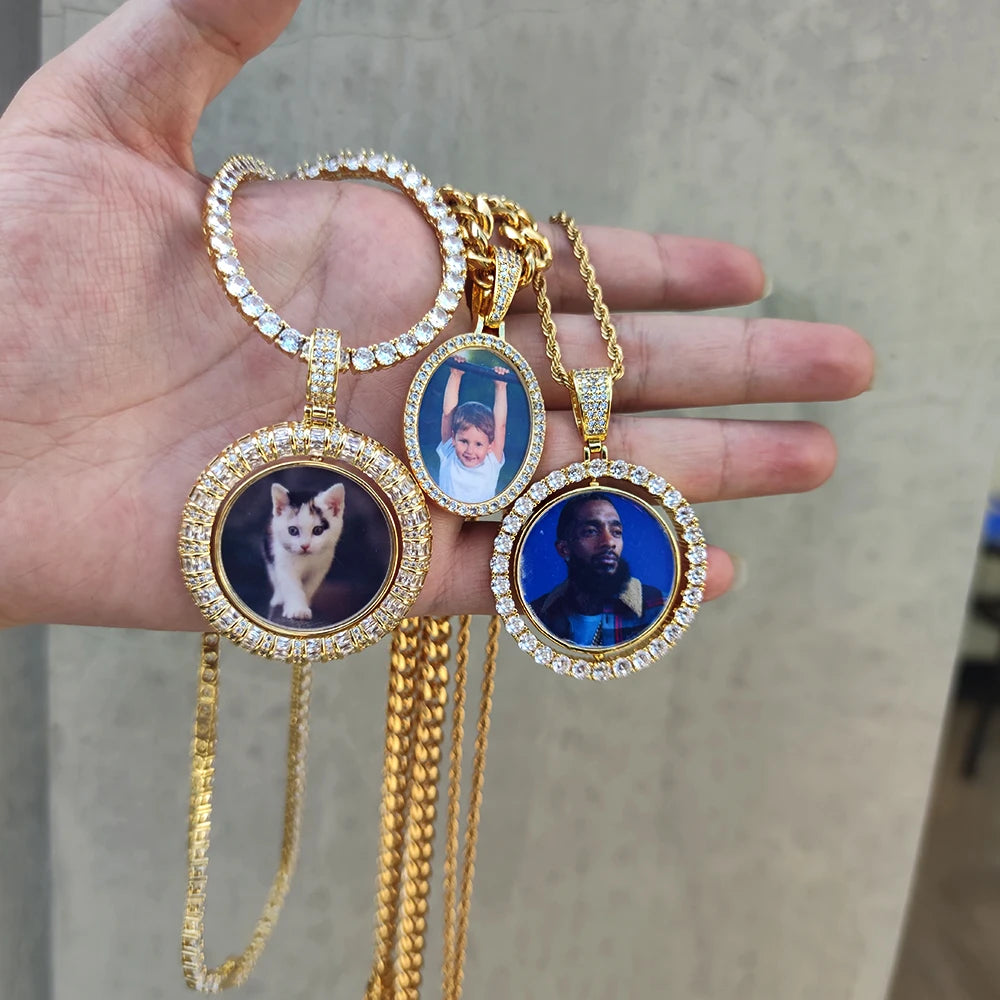Customized Double-Side Photo Necklace – Personalized Picture Pendant with Cubic Zirconia, Hip Hop Jewelry Gift for Men & Women