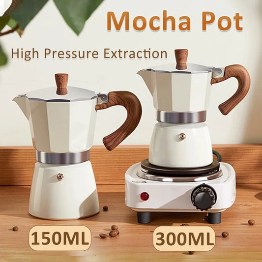 Vintage Wooden Handle Moka Pot – Classic Italian Espresso Maker 150ml/300ml for Home & Cafe Use