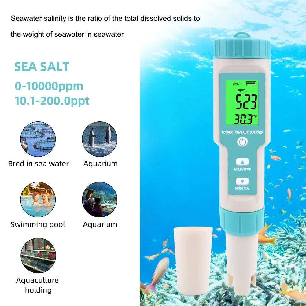 Yieryi TDS, EC, PH, Salinity & ORP Meter - H2, S.G, TEMP Water Quality Monitor for Pools & Aquariums