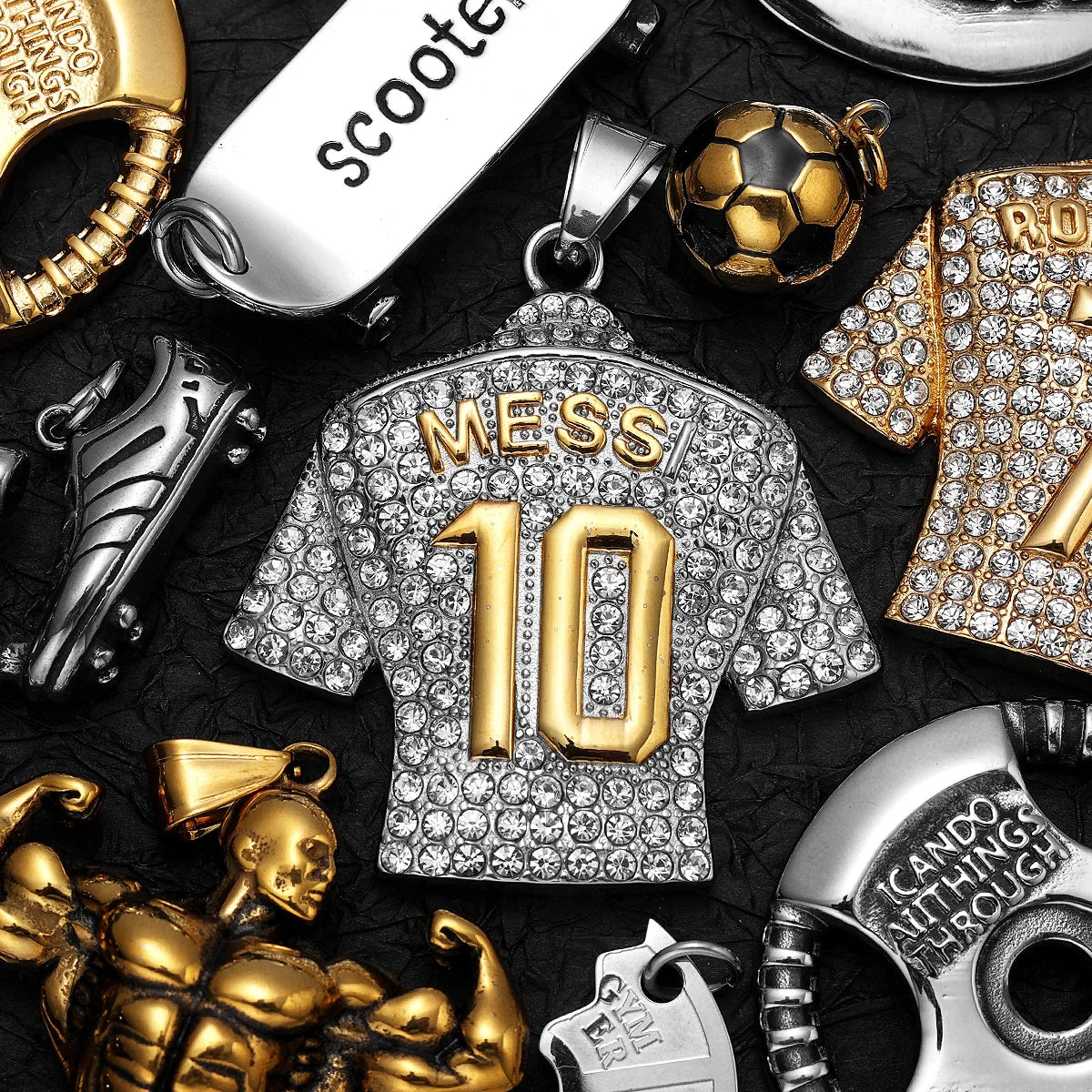 Messi, Ronaldo, Mbappé Football Jersey Necklace – Stainless Steel Dumbbell Pendant Chain for Men, Punk Gym Style