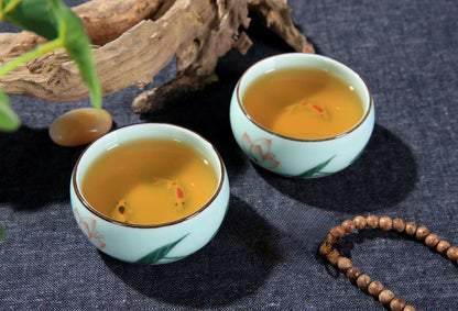 Traditional Celadon Hand-Painted Teacup — 80ml Ceramic Lotus & Bamboo Double-Fish Chinese Tea Cup