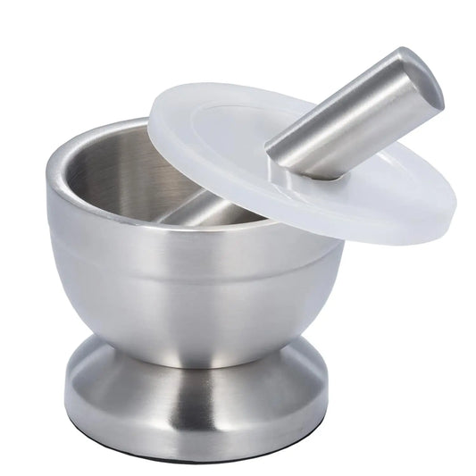 Stainless Steel Mortar & Pestle – Spice Grinder and Pill Crusher with Lid, Ergonomic Comfy Grip