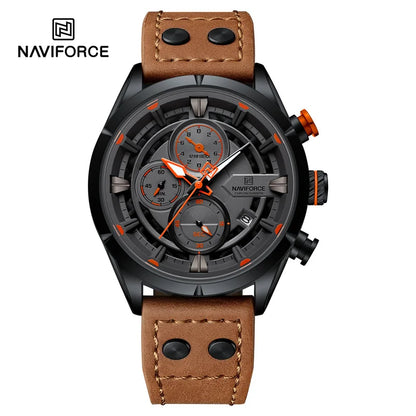 NAVIFORCE Men's Casual Watch – Luxury Waterproof Chronograph Quartz Wristwatch with Genuine Leather Strap