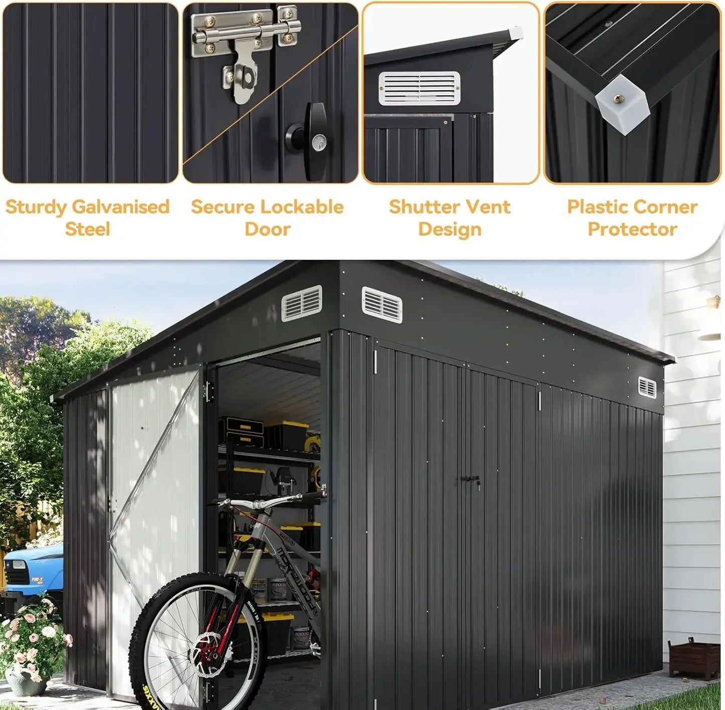 11.5'x7.5' Outdoor Metal Storage Shed – Triple Lockable Door with Sloping Roof for Tools & Bicycles