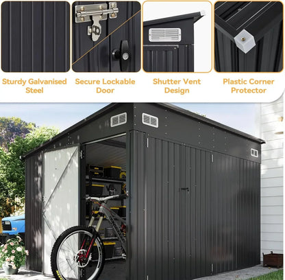 11.5'x7.5' Outdoor Metal Storage Shed – Triple Lockable Door with Sloping Roof for Tools & Bicycles