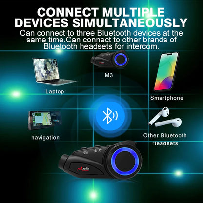 MAXTO M3 Motorcycle Helmet Bluetooth Headset — 1080P WiFi Video Recorder, Waterproof Intercom for 6 Riders, 1000m Range