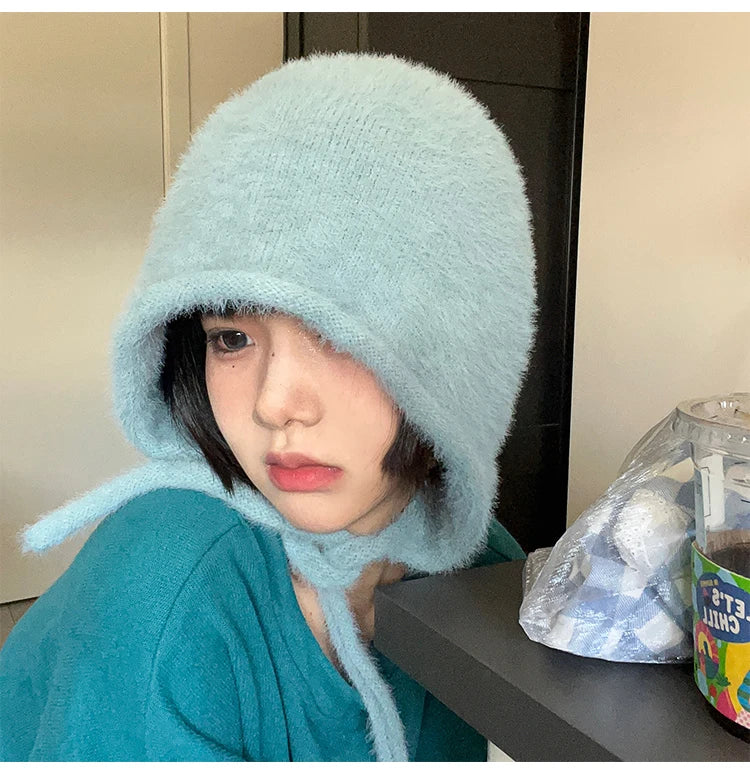 Y2K Cute Beanie Hat – Warm Japanese Knit for Autumn & Winter, Ear Protection, Tie Pullover Cap for Men & Women