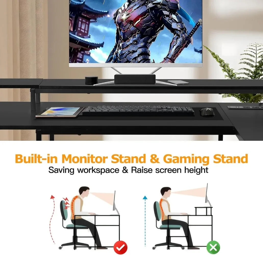 L-Shaped Gaming Desk with LED Lights – Reversible Computer Desk with Power Outlets, Stand & Shelves