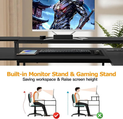 L-Shaped Gaming Desk with LED Lights – Reversible Computer Desk with Power Outlets, Stand & Shelves