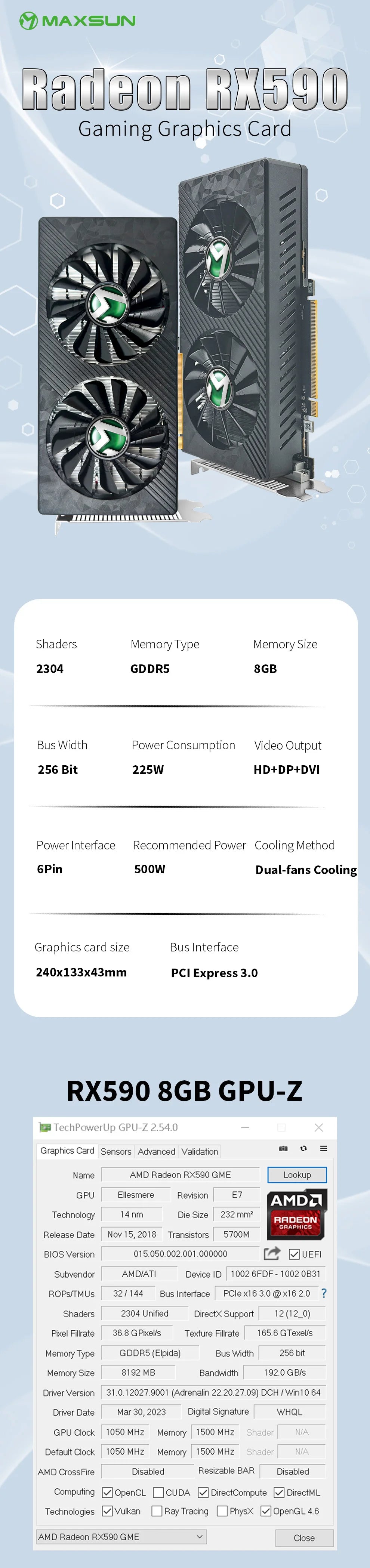 MAXSUN AMD RX 590 8GB Graphics Card – GDDR5, 256Bit, PCIe 3.0 ×16, 8Pin Radeon GPU for Gaming