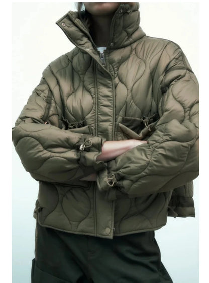 2024 ETJ Quilted Women's Coat – Beige Drawstring High Neck Jacket with Ties & Pockets