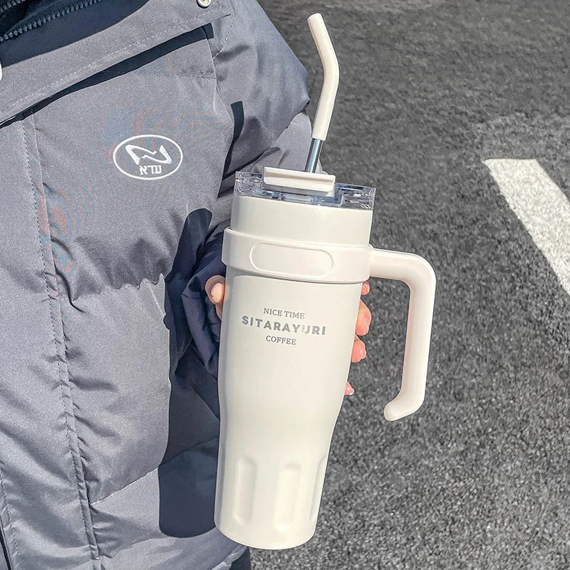 Large Capacity 38.55oz Stainless Steel Water Cup — Car & Office Insulated Straw Tumbler