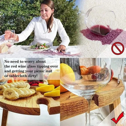 Wooden Folding Picnic Table – Round Foldable Desk with Wine Glass Rack, Portable Snack Table for Outdoor Camp