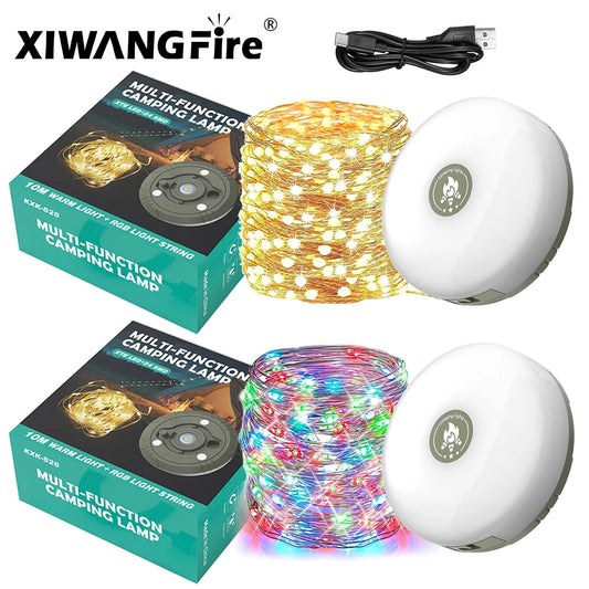 USB Rechargeable Camping Light: 10m Light String Outdoor Tent RGB Atmosphere Light - XTE LED Flashlight with Magnet Hook