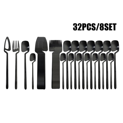 32-Piece Black Matte Stainless Steel Cutlery Set – Knife, Fork, Spoon Dinnerware for Bar, Party & Kitchen