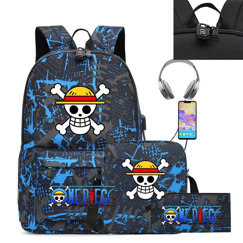 3PC One Piece Luffy School Backpack Set – Rechargeable Anime Bag for Boys & Girls, Student Cartoon Mochila