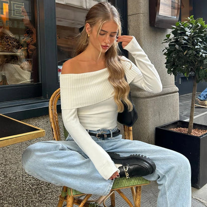 WhereMery Elegant Slash-Neck Ribbed Crop Top – Y2K Off-Shoulder Long Sleeve Camisole, Autumn Skinny French Style T-Shirt