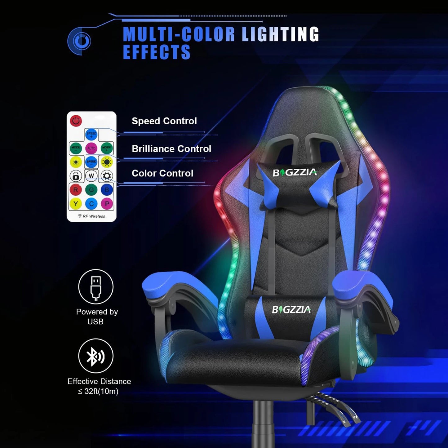 RGB Gaming Chair with LED Lights – Ergonomic PU Leather High Back Reclining Office Chair with Headrest