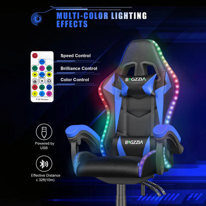 RGB Gaming Chair with LED Lights – Ergonomic PU Leather High Back Reclining Office Chair with Headrest