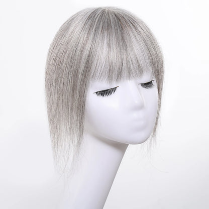 Light Grey Human Hair Topper with Thick Bangs – Clip-In 360° Coverage Hair Extensions for Women