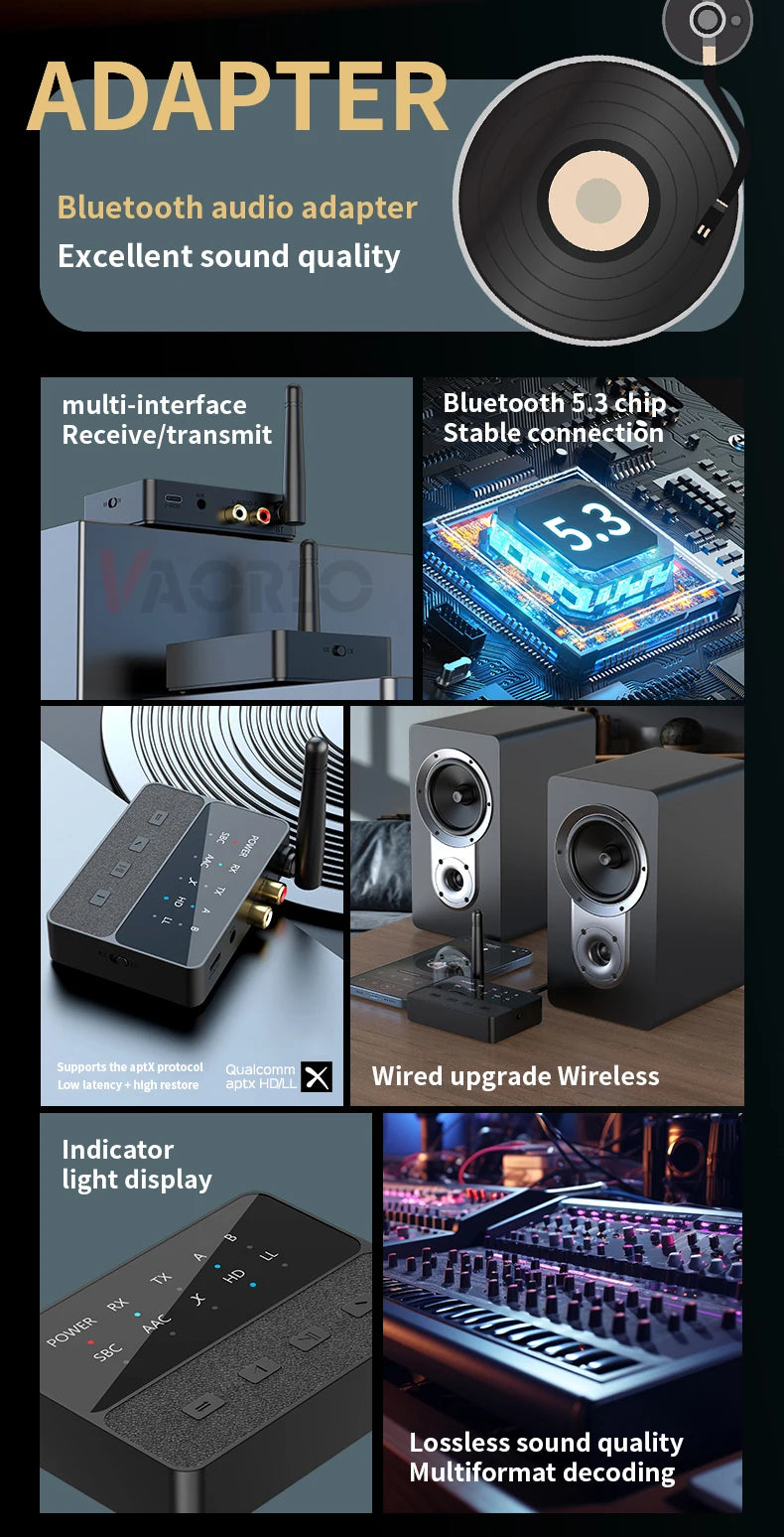 VAORLO Qualcomm Bluetooth 5.3 Receiver & Transmitter | aptX HD/LL Low Latency, 3.5mm AUX, RCA Wireless Audio Adapter for PC & TV