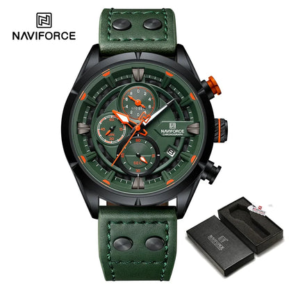 NAVIFORCE Men's Casual Watch – Luxury Waterproof Chronograph Quartz Wristwatch with Genuine Leather Strap