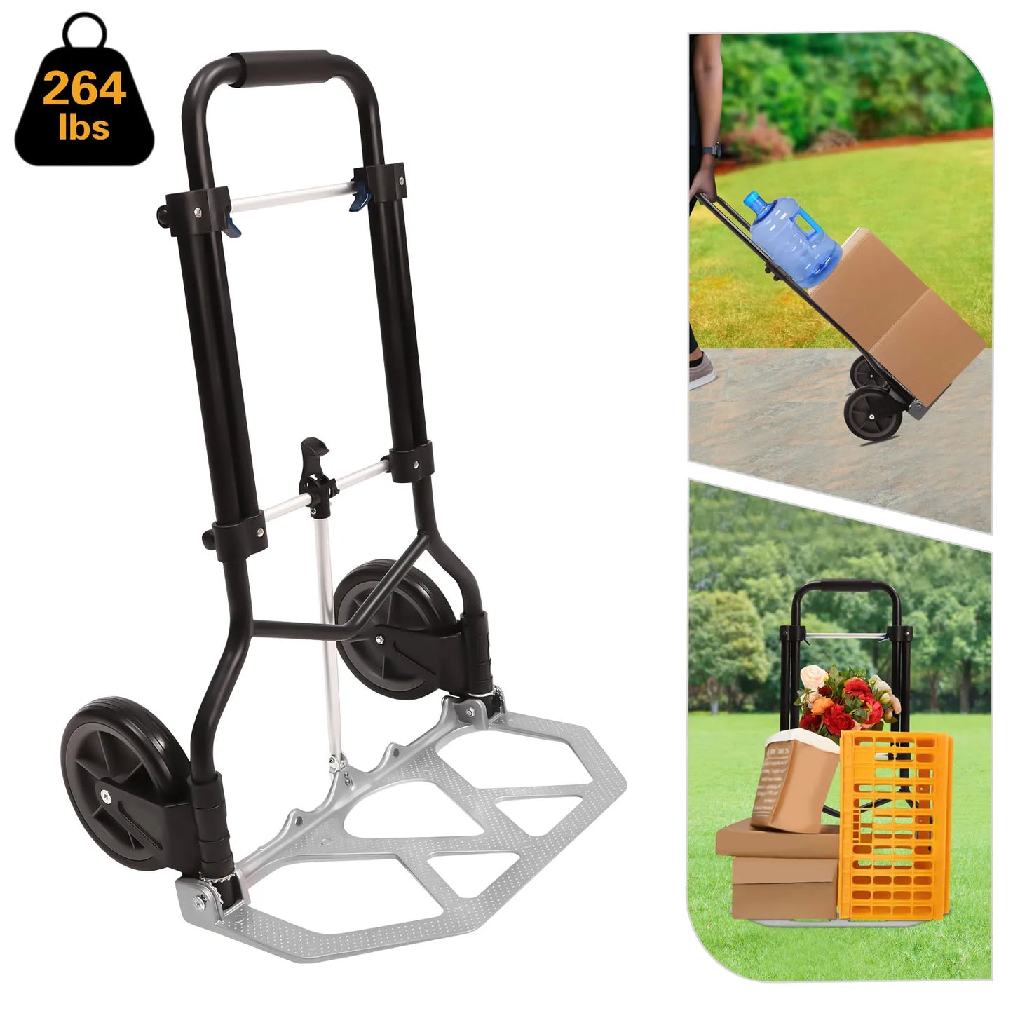 Folding Hand Truck & Dolly — Adjustable Height Aluminum Portable Cart with Anti-Slip Wheels, 264lb Capacity