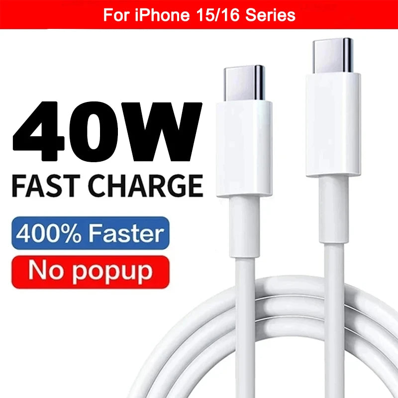 Original 40W PD USB-C Fast Charger Cable – Data Sync & Charging for iPhone 7-16 Series, iPad, USB Type-C Devices