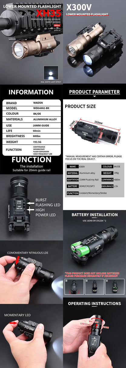 Tactical Surefire X300/X300U/X300V/XH35 LED Pistol Light – Metal Strobe, 20mm Rail Mount, Airsoft & Hunting Flashlight