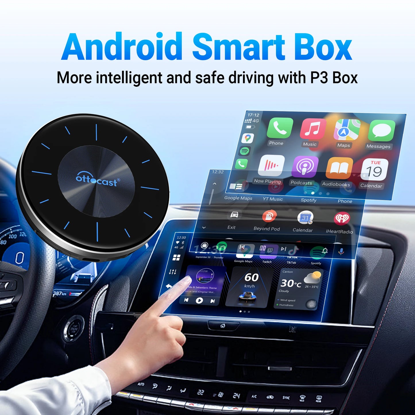 OTTOCAST P3 Android AI Box – Wireless CarPlay & Android Auto with HDMI Output, Built-in GPS, YouTube & Netflix for Car